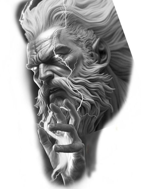 Zues Tattoo Mythology, Zeus Tattoo Design, Exodus Tattoo, Zeus Design, Reference Tattoo, Calf Tattoo Ideas, Hades Tattoo, Greek God Tattoo, Poseidon Tattoo