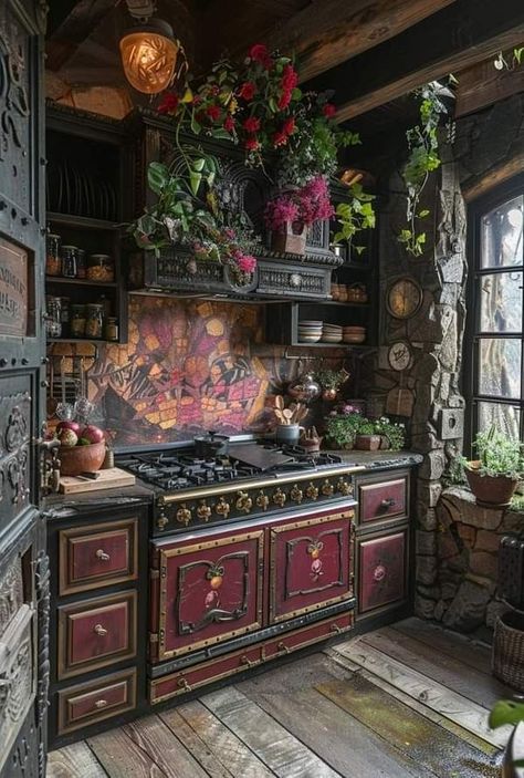 Thinking of renovating your kitchen to give it that timeless look? Get inspired by modern kitchen design that stays relevant. Whimsigoth Kitchen Aesthetic, Whimsigothic Kitchen, Unique Home Ideas, Grunge Kitchen, Jewel Tone Kitchen, Whimsigoth Kitchen, Dark Kitchen Aesthetic, Witch Kitchen, Gothic Kitchen