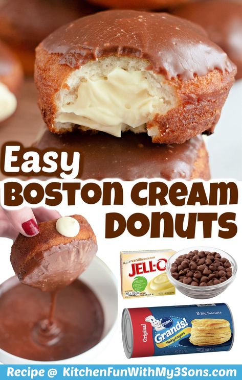 Homemade donuts are so easy to make with this delicious recipe for Boston Cream Donuts! The secret is using canned biscuit dough as the donut, then filling them with a rich but simple-to-make cream, and finally topping the donuts with a mouthwatering chocolate glaze. Cream Donut Recipe, Dj Board, Apple Biscuits, Boston Cream Donut, Canned Biscuit, Biscuit Donuts, Chocolate Eclairs, Cream Donut, Doughnut Recipe Easy