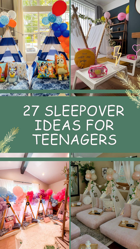 A vibrant collage featuring creative sleepover setups for teens. Showcases fun themes with teepees, balloons, fairy lights, and cozy bedding in bright and pastel colors, perfect for hosting unforgettable teenage sleepovers. Sleepover Ideas Sleeping Area, Cousins Sleepover Ideas, Movie Ideas For Sleepovers, Sleep Over Set Up, Teenager Sleepover Ideas, Teenage Sleepover Ideas, Sleepover Set Up Ideas Slumber Parties, 13th Birthday Sleepover Ideas, Sleepover Bed Ideas