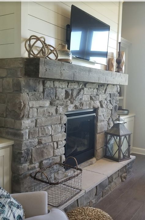 Mantles On Stone Fireplaces, Shiplap Rock Fireplace, Fireplaces With Shiplap And Stone, Shiplap Above Stone Fireplace, Half Rock Half Shiplap Fireplace, Simple Stone Fireplace, Stone Fireplace With Shiplap Above Mantle, Stone Fireplace With Shiplap Above, Rock Fireplace With Shiplap