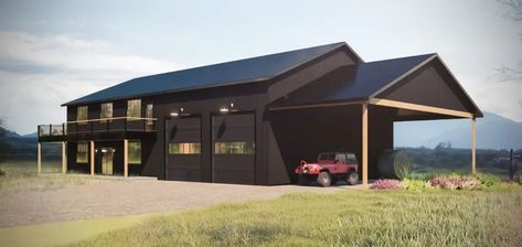 The 40x80 barndominium has approximately 3,200 square footage of living space, including a shop or large man cave area. Dramatic Fireplace, Huge Kitchen Island, Metal Building House Plans, Steel Building Homes, Barn Homes Floor Plans, Barn House Design, Cathedral Ceilings, Glass Garage Door, Pole Barn House Plans