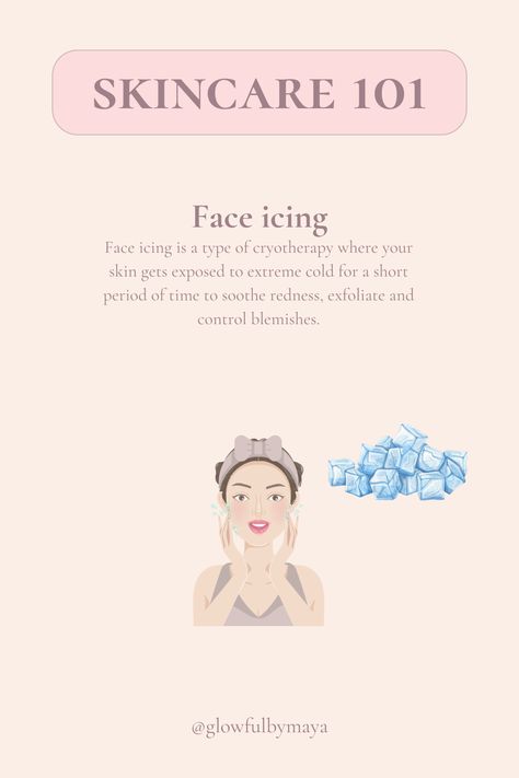 Skincare 101 by glowfulbymaya - face icing [ice cryotherapy self care spa day skin care self love glowing healthy radiant skin] Icing Face Routine, Face Icing Skin Care, Icing Face, Self Care Spa Day, Face Icing, Skin Education, Skincare For Combination Skin, Skin Facts, Esthetician Marketing