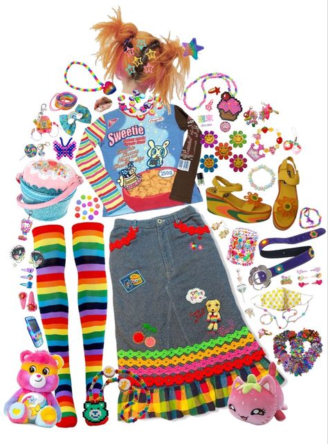 Kidcore Outfit Skirt, Chi Core Aesthetic, Lisa Frank Outfit Aesthetic, Pixielocks House, Decora Style Clothes, Unusual Outfits Ideas, Decora Outfit Ideas, Lisa Frank Outfit Ideas, Decora Aesthetic Outfits