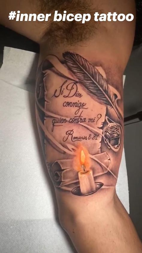 Pin on #Tattoo Bicep Tattoo Men Quote, Inner Bicep Tattoo Men, Inside Bicep Tattoo, Christus Tattoo, Scroll Tattoos, Inside Of Arm Tattoo, Bicep Tattoo Men, Inner Arm Tattoos, Inner Bicep Tattoo