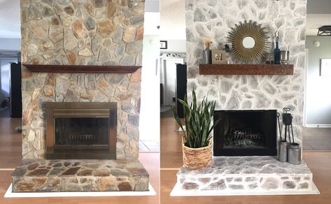 Stone Fireplace Makeover. White washed rustic stone fireplace makeover. Our old 80's fireplace gets a makeover! Whitewash Stone Fireplace, Painted Stone Fireplace, Rustic Stone Fireplace, Stone Fireplace Makeover, Fireplace Redo, Fireplace Update, Old Fireplace, Rock Fireplaces, Bright Living Room