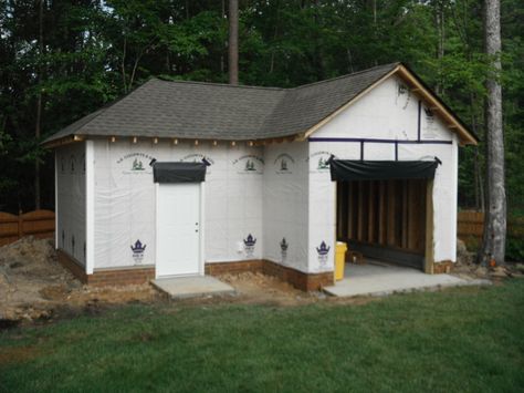 Photo of roofing being installed on new shed/garage L Shaped Garage, Barn Shed Ideas, Timber Frame Garage, Yard Storage, Storage Shed Kits, Build Your Own Shed, Run In Shed, Simple Shed, Shed Building Plans