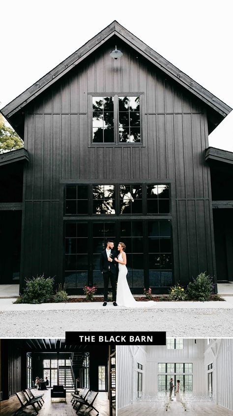 The 17 Coolest Barns to Get Married At in the United States - Green Wedding Shoes White Metal Building With Black Roof, Black Venue Wedding, Spain Ranch Oklahoma, Wedding Venue Design Plans, White Barn Wedding Venue Ideas, Oklahoma Wedding Venues Outdoor, Pole Barn Wedding Venues, Black And White Barn Wedding, Barn Venue Ideas