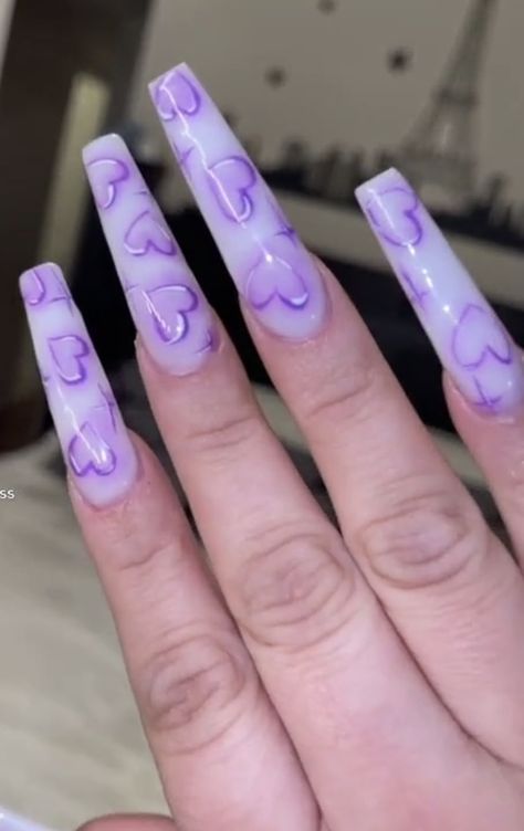 Y2k Nails Acrylic Purple, Nail Designs Coffin Purple, Nail Designs Purple And White, Chicana Nails Designs, Purple Nail Sets, Valentines Day Nails Purple, Chola Nails Acrylic, Dope Nail Designs Purple, Chola Nails