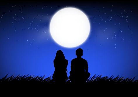 silhouette image A couple man and woman sitting with Moon on sky at night time design vector illustration Couples Sitting On Beach At Night, Couple Moon Painting, Couple Sitting Silhouette, Boy Looking At Girl With Love, Couple Shilloute, Man And Woman Silhouette Couple, Couple Watching Moon, Moon Night Drawing, Couple Images Art