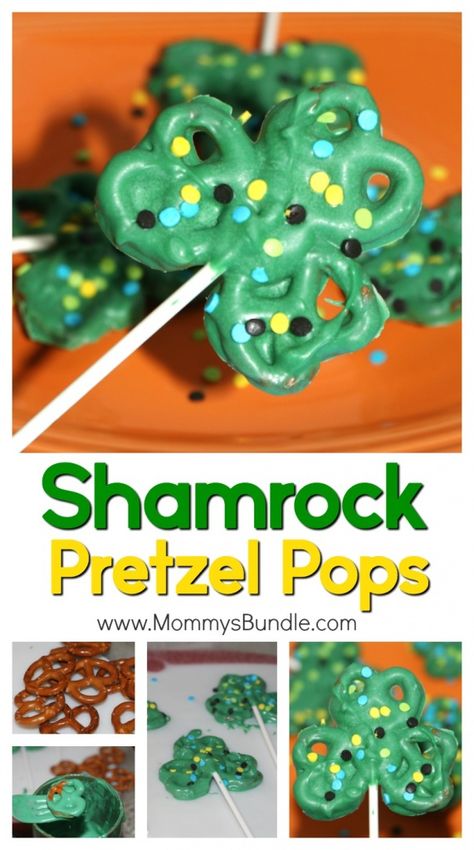 Shamrock Pretzel Pops {St. Patrick's Day Recipe + Printable} - Mommy's Bundle Shamrock Pretzel Pops, Shamrock Pretzels, Pretzel Pops, St Patricks Food, St Patrick Day Snacks, Sant Patrick, Fete Saint Patrick, St Patrick Day Treats, St Patricks Crafts