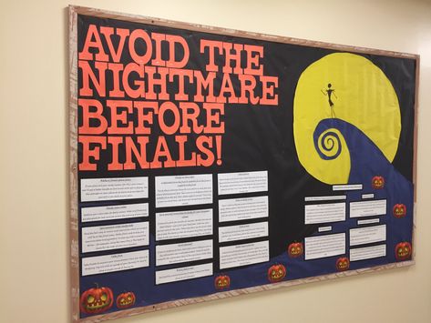 Nightmare Before Christmas Bulletin Board, Finals Bulletin Board, Nightmare Before Christmas Ra Board, Christmas Bulliten Board Ideas, Holiday Ra Bulletin Boards, Midterm Ra Bulletin Board, Halloween Ra Bulletin Boards, Aesthetic Bulletin Board, School Campaign Posters