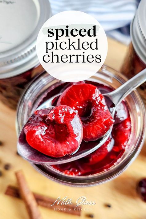 Make the most of your cherry harvest with these delicious pickled cherries! They can be canned to preserve them all year long and the sweet and salty brine tastes wonderful on salad greens. Preserving Cherries, Cherry Pepper Canning Recipe, Cherry Limeade Concentrate Canning, Cherry Preserves Recipe Canning, Fermented Cherries, Fresh Cherry Recipes, Pickled Cherries, Summertime Recipes, Canned Cherries