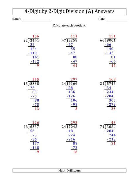 The 4-Digit by 2-Digit Long Division with Remainders and Steps Shown on Answer Key (A) math worksheet page 2 4 Digit By 2 Digit Division, Divide Math Worksheet, Double Digit Division, Division Worksheets Grade 4, Grade 5 Math Worksheets, Long Division Worksheets, 4th Grade Math Worksheets, Grade 6 Math, Math Drills