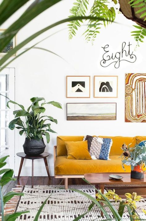 Mustard Sofa, Parisian Living Room, Bold Living Room, Yellow Couch, Lots Of Plants, Furniture Architecture, Yellow Sofa, Yellow Living Room, Colourful Living Room