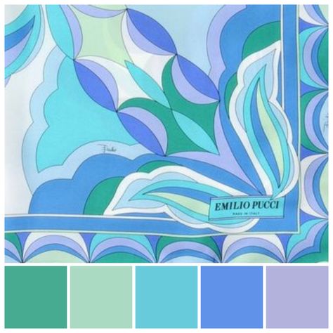 Emilio Pucci (1914-1992). Pucci began designing in the 1950s and, aside from his fashion silhouettes, Pucci’s fashions are characterised by abstract textile patterns and unique and distinctive colourways. This colourway features greens - purple. Emilio Pucci colour palette illustration by Zena O’Connor. Emilio Pucci Shoes, Colour Palette Illustration, Emilio Pucci Pattern, Palette Illustration, Pucci Pattern, Silk Painting Techniques, Challah Cover, Fashion Illustrations Techniques, Palette Design