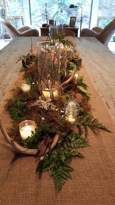 Woodland inspired wedding Outdoorsy Centerpiece Ideas, Woodland Engagement Party, Modern Woodland Wedding, Dnd Table Decorations, Forest Themed Table Decor, Dnd Wedding Decorations, Wedding Inspo Forest, Woodland Centerpiece Wedding, Nature Themed Wedding Decorations