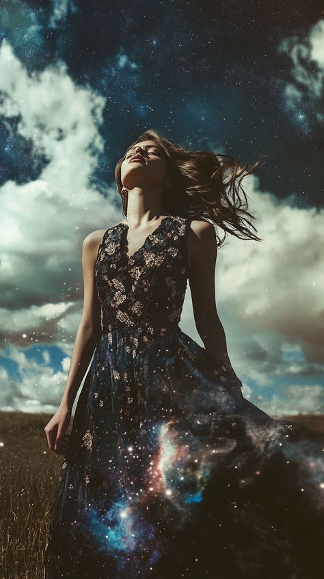 Embrace celestial elegance with a nebula dress inspired by Sagittarius. Perfect for the cosmic storm adventurer, this fashion editorial takes you on an astral journey. Sagittarius Rising Aesthetic, Nebula Dress, Celestial Woman, Water Moon, Zodiac Fashion, Brand Archetypes, Moon Goddess, Stunning Photography, Fashion Editorial