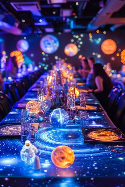 25 Unusual Baby Shower Theme Ideas - Barefoot Budgeting Cosmic Theme Party, Space Themed Table Centerpieces, Unusual Baby Shower Themes, Out Of This World Theme, Galaxy Baby Shower Ideas, Space Baby Shower Ideas, Outer Space Theme Party, Moon Party Ideas, Alien Birthday Party