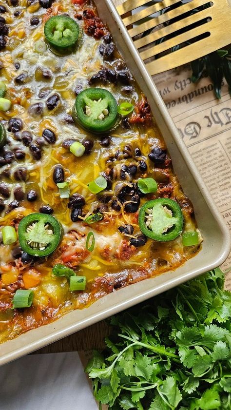 Sheet Pan Enchilada Casserole Sheet Pan Enchilada Bake, Sheet Pan Enchiladas, Enchilada Bake, Vegan Entree, Enchilada Casserole, Eat To Live, Chicken Chili, Latest Recipe, Weeknight Dinner