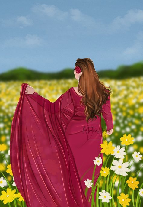 Girl In Saree Aesthetic, Field Of Flowers Aesthetic, Gulabi Sadi, Laraib Rahim, Girl In Flower Field, Desi Illustration, Saree Illustration, Girl In Field, Saree Aesthetic