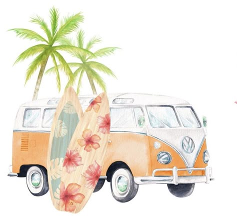 Surf Clipart, Van Clipart, Hawaii Clipart, Bugs Bunny Drawing, Van Drawing, Retro Surf Art, Bus Art, Beach Wall Collage, Travel Clipart