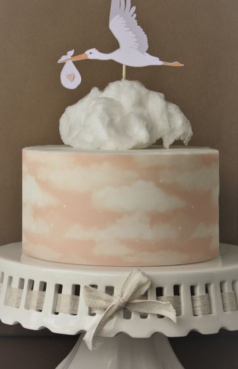 Pink Cloud Cake, Gender Reveal Cloud Cake, Stork Cake Topper, Clouds Theme Cake, Sky Cake Cloud, Sky Cake Design, Stork Themed Baby Shower Ideas, Cloud Themed Cake, Pregnant Cake Ideas