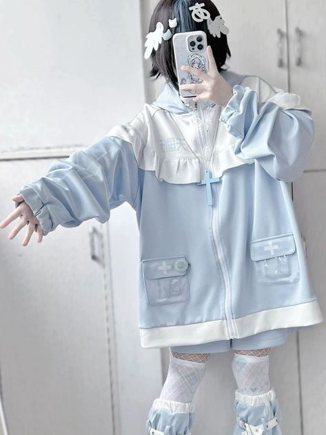 Cat Ear Hoodie, Kawaii Outfit Ideas, Light Blue Aesthetic, Aesthetic Outfit Ideas, Cat Ear, Japanese Street Fashion, Clothes Style, Blue Outfit, Kawaii Clothes