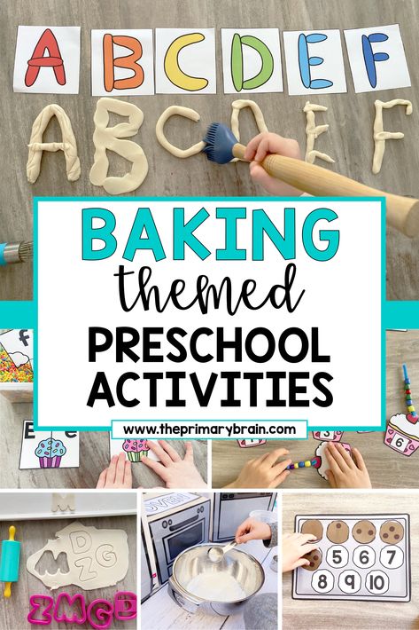 Image shows baking themed preschool activities. Baking Fine Motor Activities, Cooking In Classroom Preschool, Bakery Unit For Preschool, Creative Curriculum Bread Study Preschoolers, Cooking And Baking Preschool Theme, Bread Study Activities Preschool, Preschool Baking Activities, Bread Creative Curriculum, Kitchen Activities For Preschool