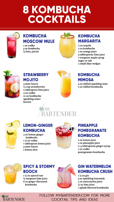 Kombucha Cocktails Kombucha Mocktail Recipe, Kombucha Cocktail Recipes, Kombucha Cocktails Non Alcoholic, Best Kombucha Flavors, Diy Cocktail Recipes, Spritzer Cocktails, Kombucha Mocktail, Flavored Kombucha, Kombucha Drink