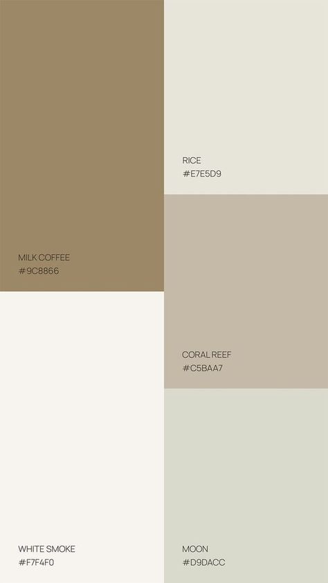 Set of nine Color Palettes of Natural tones. Muted, gender neutral colour palette for luxury brand. Milk Coffee, White Smoke, Rice, Colar Reef, Moon | A Multidisciplinary Studio that specializes in Brand Identity Design and Creative Direction for Soulful fashion, beauty, wellness and lifestyle brands. #design #colorpalette #neutral #naturalcolor Oat Milk Color Aesthetic, Color Palette For Luxury Brand, Skin Care Color Palette, Natural Color Palettes, Beige Aesthetic Color Palette, Off White Palette, Off White Color Palette, Gender Neutral Color Palette, Neutral Branding Color Palette