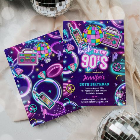 90s Party Invitation, Y2k Birthday Party, Neon Disco, Retro Birthday Parties, Decade Party, 80s Birthday Parties, 90th Birthday Invitations, Back To The 80s, Back To The 90s