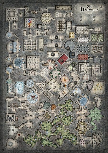 An hi-res version of the Doomvault poster map (DM's version) included as part of the D&D Encounters adventure Dead in Thay.  Sized at a massive 8000 x 11349 pixels, this battle map is perfect for home printing or screen display.  Purchase the hi-res download here - Dead in Thay; Doomvault Poster Map (Untagged & Massive Players Version) Fictional Landscapes, The Yawning Portal, Dungeon Decor, Pathfinder Maps, Fantasy City Map, Map Layout, Rolling Dice, Dark Sun, Bg Design