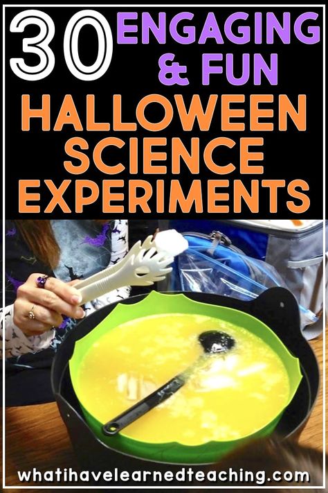 30 engaging and fun Halloween science experiments sorted by Physical Science, Life Science, Earth Science, and STEM. These Halloween science projects are easy and fun! Also includes ideas for teaching scientific method and recording sheets were students can write down a prediction and record what happened. #halloweenscience #halloweenstem #scienceexperiments #scientificmethod #halloweenactivities #halloweenintheclassroom #funscienceexperiments #halloweenideas Science Activities For Elementary, Halloween Science Projects, Teaching Scientific Method, Halloween Experiments, Science Halloween, Halloween Science Activities, Activities For Elementary Students, Halloween Teaching, Science Earth