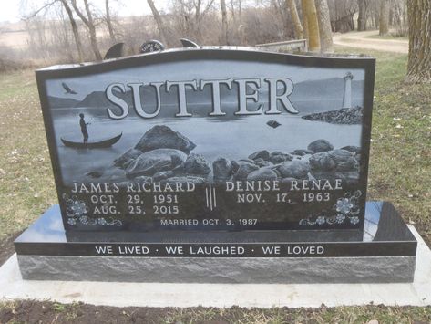 Upright monuments are the most common types of stones we sell. They are beautiful, offer lots of surface area to carve on, and are visible from both sides for long distances. Double uprights, such as this Pin, offer plenty of space for names, dates, children's names, marriage dates, as well as a couple graphics!  #FMBG #FamilyMemorials #GibsonMonuments #MemoryInStone #StoryInStone #Upright #DoubleUpright #Fishing #Laser #LaserEtching #GoneFishing #Lighthouse Tombstone Pictures, Granite Monuments, Grave Headstones, Granite Headstones, Cemetery Monuments, Green Granite, Cemetery Headstones, Family Estate, Six Feet Under