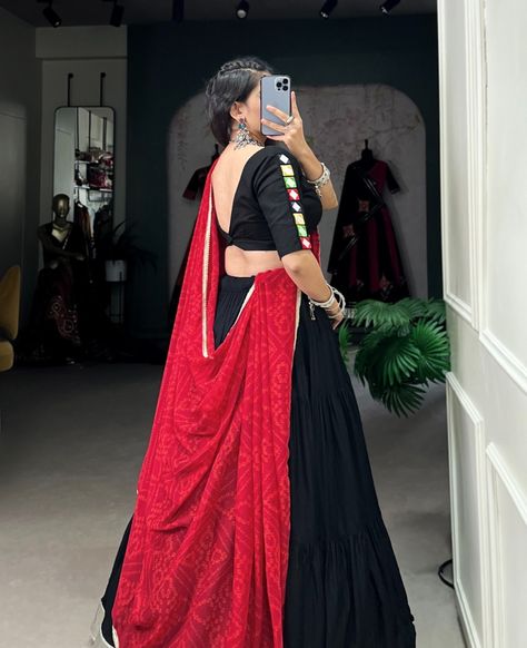 Enjoy the Navratri vibe with black color thread embroidered viscose rayon traditional lehenga choli with chiffon dupatta ❤️⭐️ SHOP NOW 🛍️ gotifab.com [lehengacholi, garba outfits, navratri lehengas, navratri collection,navratri chaniya choli,navratri collection ] #lehengacholi #navratrilehenga #navratricollection #navratri #navratrichaniyacholi #garbaoutfit Long Skirt And Top Casual Simple, Chaniya Choli Designs Navratri, Floral Print Frock, Garba Chaniya Choli, Zip Stitching, Lehenga Stitched, Garba Outfit, Chaniya Choli Designs, Garba Dress