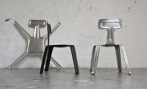 pressed chair from the When We Were Young: Design Contest at imm cologne Aluminum Chairs, Flat Pack Furniture, Steel Chair, Stackable Chairs, Aluminium Sheet, Easy Chair, London Design, Bike Design, Take A Seat