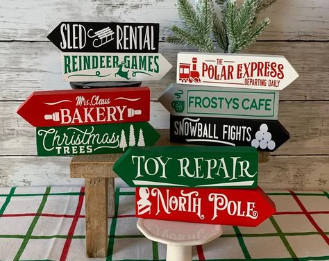 PinkLizzyDesigns - Etsy Christmas Directional Signs, Wooden Signs Christmas, Mrs Claus Bakery, Tiered Tray Decor Christmas, Christmas Tiered Tray Decor, Signs Christmas, Tray Decor Christmas, Christmas Tiered Tray, Christmas Wooden Signs