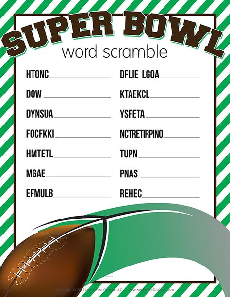 The free printable Super Bowl Word Scramble is a fun football activity for kids to do before or during the big game or party. Super Bowl Printables, Super Bowl Activities, Super Bowl Games, Football Party Games, Superbowl Ideas, Superbowl Party Ideas, Superbowl Party Games, Super Bowl Ideas, Football Activity