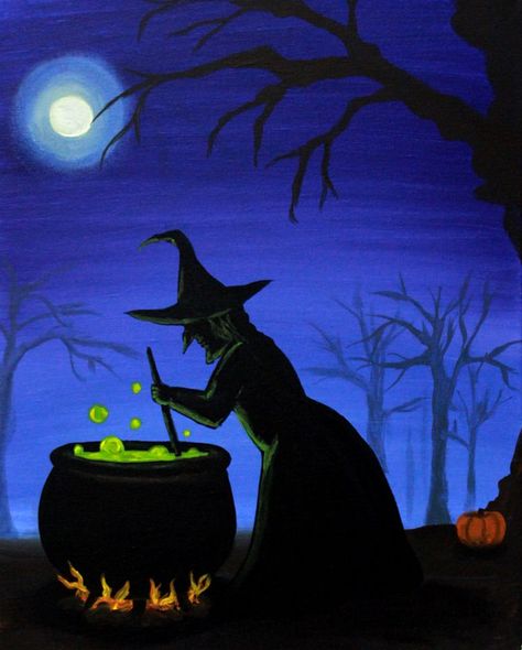 Witch Cauldron Painting, Paint Class Ideas, Halloween Canvas Paintings, Painting 2023, Halloween Canvas Art, Witch Painting, Fall Paintings, Minimal Painting, Easy Acrylic Painting