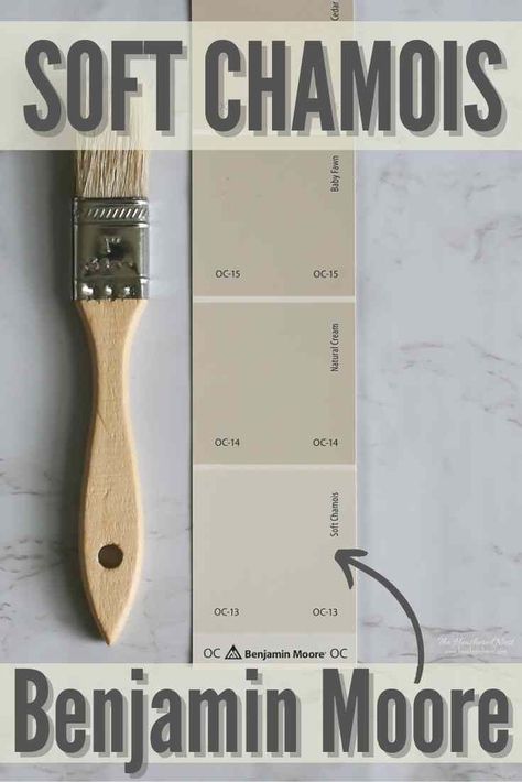 Benjamin Moore Soft Chamois is a creamy off-white with gray undertones. Explore BM OC-13’s undertones, color pairings, + see it in REAL homes! #paint #benjaminmoore #home #homedecor #paintcolor #wallcolor #creamywhite #offwhitepaint Benjamin Moore Soft Chamois Exterior, Soft Chamois Benjamin Moore Bedroom, Benjamin Moore Beige, Natural Paint Colors, Benjamin Moore Bedroom, Grant Beige, Benjamin Moore Cloud White, Benjamin Moore Exterior, Dark Trim