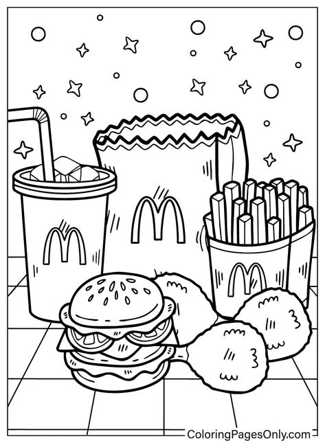 Burger Coloring Page, Mcdonalds Coloring Pages, Drawing Ideas To Color, Coloring Food Pages, Girly Coloring Pages Aesthetic, Fun Coloring Pages For Teens, Food Colouring Pages, Colouring Pages Simple, Bakery Coloring Pages