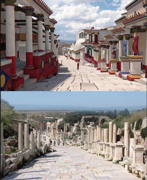 A rendering of what Ancient Greece would have looked like: Curetes Street in ancient Ephesus. Architecture Antique, Ancient Athens, Ancient Greek City, Greek Statues, Empire Romain, Ancient Greek Architecture, Roman Architecture, Fantasy Setting, Ancient City