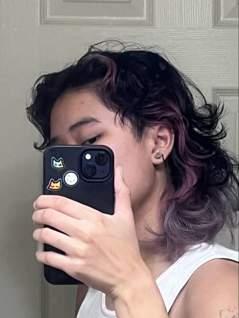 Mullet Dyed Tips, Half Purple Half Black Hair, Purple Wolf Cut, Partially Dyed Hair, Gay Mullet, Subtle Mullet, Masc Haircuts, Half Dyed Hair, Hair Doos