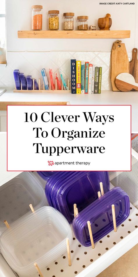 10 Clever Ways to Organize Tupperware and Food Storage Containers | Apartment Therapy Organize Tupperware, Tupperware Organizing, Storage Hacks Diy, Tupperware Storage, Cleaning Inspiration, Book Bins, Organized Kitchen, Clever Organizer, Ways To Organize