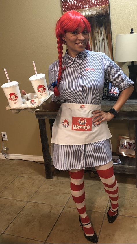 Wendy’s fast food costume #tonyaloveswendy’s Wendy Outfit, Grease Halloween Costumes, Wendys Girl, Wendy Costume, Mcdonalds Halloween, Food Mascot, Food Halloween Costumes, Office Halloween Costumes, Wendy Dress