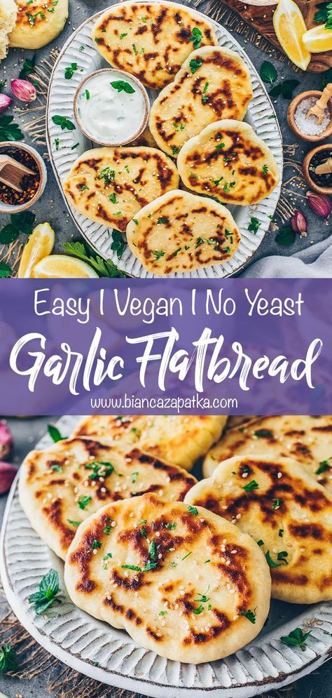 Learn how to make soft and fluffy no yeast flatbread with this quick and easy recipe that tastes like classic homemade naan bread! Perfect as an appetizer with garlic dip or as a side dish with curry or other dishes. #flatbread #naan #easyflatbread #bread #veganbread #vegannaan #veganrecipes #vegetarian #recipes #food #vegan #foodrecipes #garlic #easyrecipes #quickbread #healthyfood | biancazapatka.com No Yeast Flatbread, No Yeast Naan, Naan Bread Vegan, Skillet Flatbread, Homemade Garlic Naan, Garlic Naan Bread, Vegan Kebab, Garlic Flatbread, Easy Flatbread Recipes