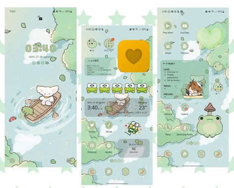 green lockscreen with a bear in a boat and homescreen with green icons and keroppi images Green Lockscreen And Homescreen, Green Lockscreen, Sanrio Phone, Lockscreen And Homescreen, Theme Phone, Sanrio Keroppi, Phone Decoration, Android Theme, Desktop Wallpaper Art