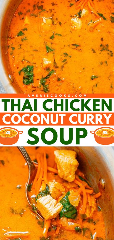 A simple soup recipe featuring Thai red curry paste! This chicken dinner idea in one pot is easy and ready in just 20 minutes. Healthy yet hearty with amazing flavor, this Thai Chicken Coconut Curry Soup will become one of your go-to comfort food! Thai Red Curry Soup Coconut Milk, Thai Red Curry Chicken Soup, Chicken Curry Soup Coconut, Coconut Curry Soup Recipes, Curry Soup Recipes Coconut, Thai Coconut Curry Chicken Soup, Red Thai Coconut Curry, Chicken Coconut Curry Soup, Thai Chicken Coconut Curry