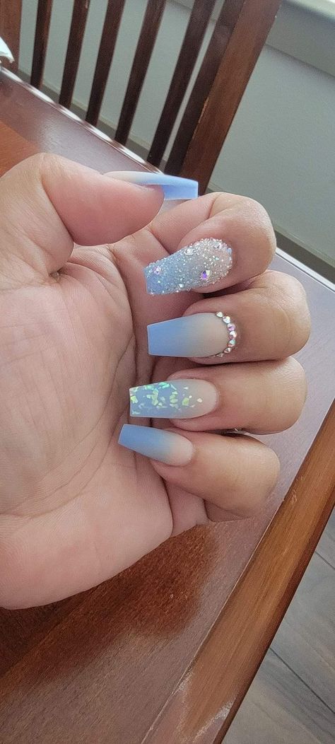 Blue Ombre Nails With Rhinestones, Sky Blue Sparkle Nails, Light Blue Medium Acrylic Nails, Light Blue Prom Nails Sparkle, Nails To Go With A Light Blue Dress, Icy Blue Prom Nails, Sky Blue And Silver Nails, Light Blue And Silver Nails Prom, Blue And White Sparkle Nails